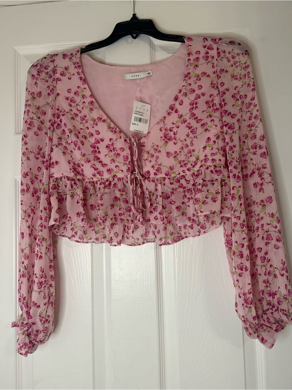 Lush Light Pink Floral Ruffle Tie-Front Blouse